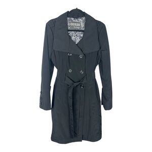 Guess Trench Coat Black Double Breasted Belted Polyester EUC S claz L